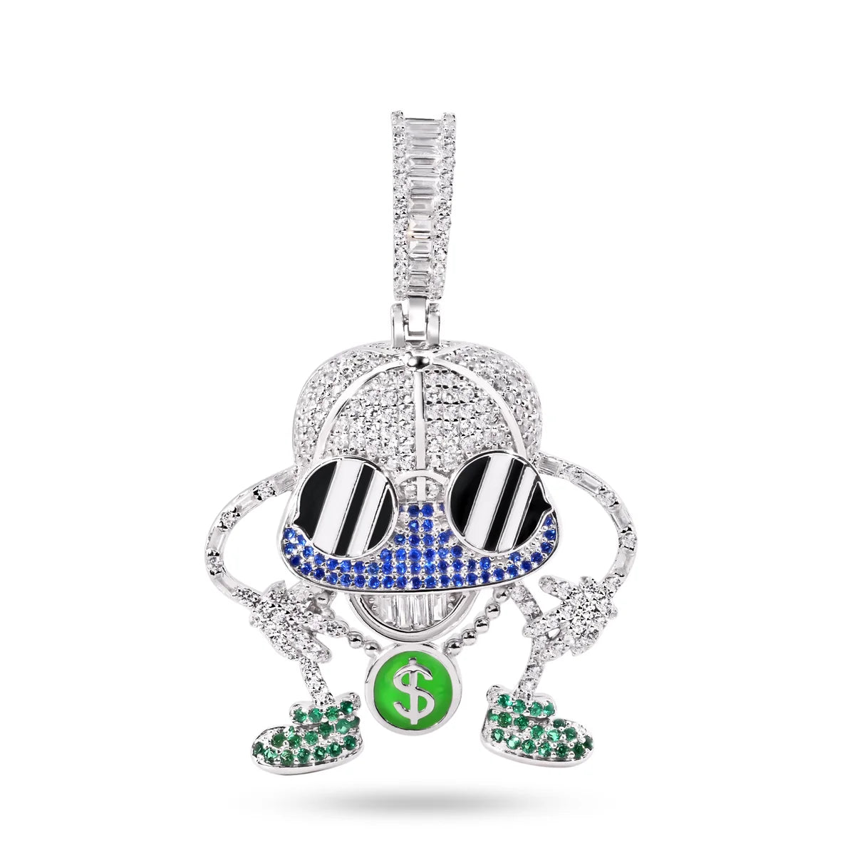 925 Sterling Silver Rhodium Plated Hip-Hop Black and White Enamel Glasses Clear and Green CZ Pendant