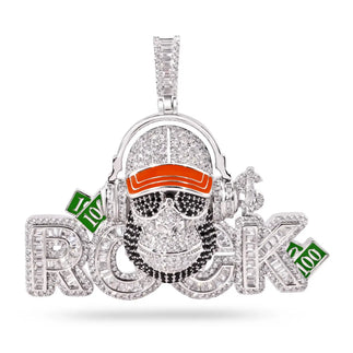 925 Sterling Silver Rhodium Plated Hip-Hop Rock Monkey Ape Enamel Green and Clear CZ Pendant