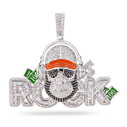 925 Sterling Silver Rhodium Plated Hip-Hop Rock Monkey Ape Enamel Green and Clear CZ Pendant