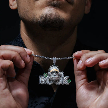 925 Sterling Silver Rhodium Plated Hip-Hop Rock Monkey Ape Enamel Green and Clear CZ Pendant