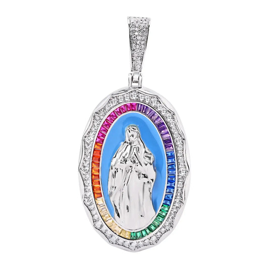 925 Sterling Silver Rhodium Plated Virgin Mary Multicolor Baguette Stone and Clear CZ Pendant