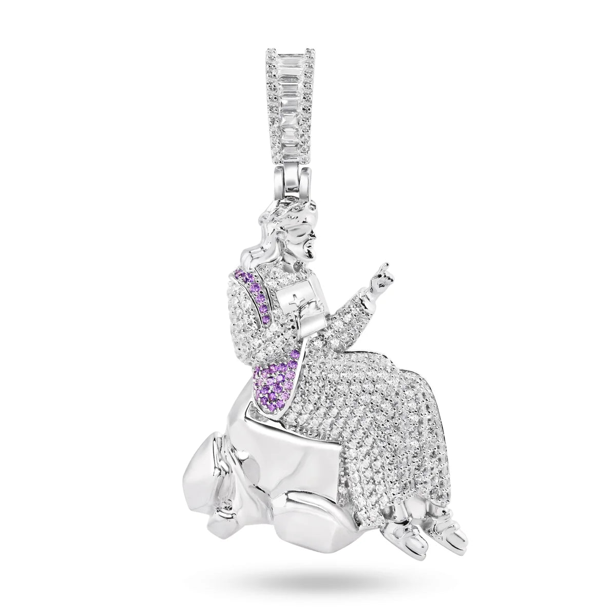 925 Sterling Silver Rhodium Plated Jesus Sitting on a Rock Clear CZ Pendant