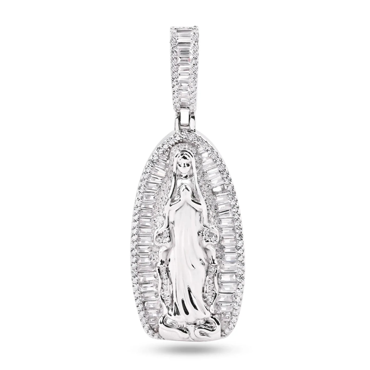 925 Sterling Silver Rhodium Plated Our Lady Of Guadalupe Baguette Clear CZ 40mm Pendant