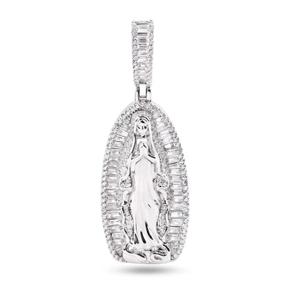 925 Sterling Silver Rhodium Plated Our Lady Of Guadalupe Baguette Clear CZ 40mm Pendant