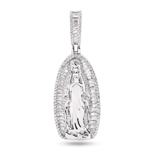 925 Sterling Silver Rhodium Plated Our Lady Of Guadalupe Baguette Clear CZ 40mm Pendant