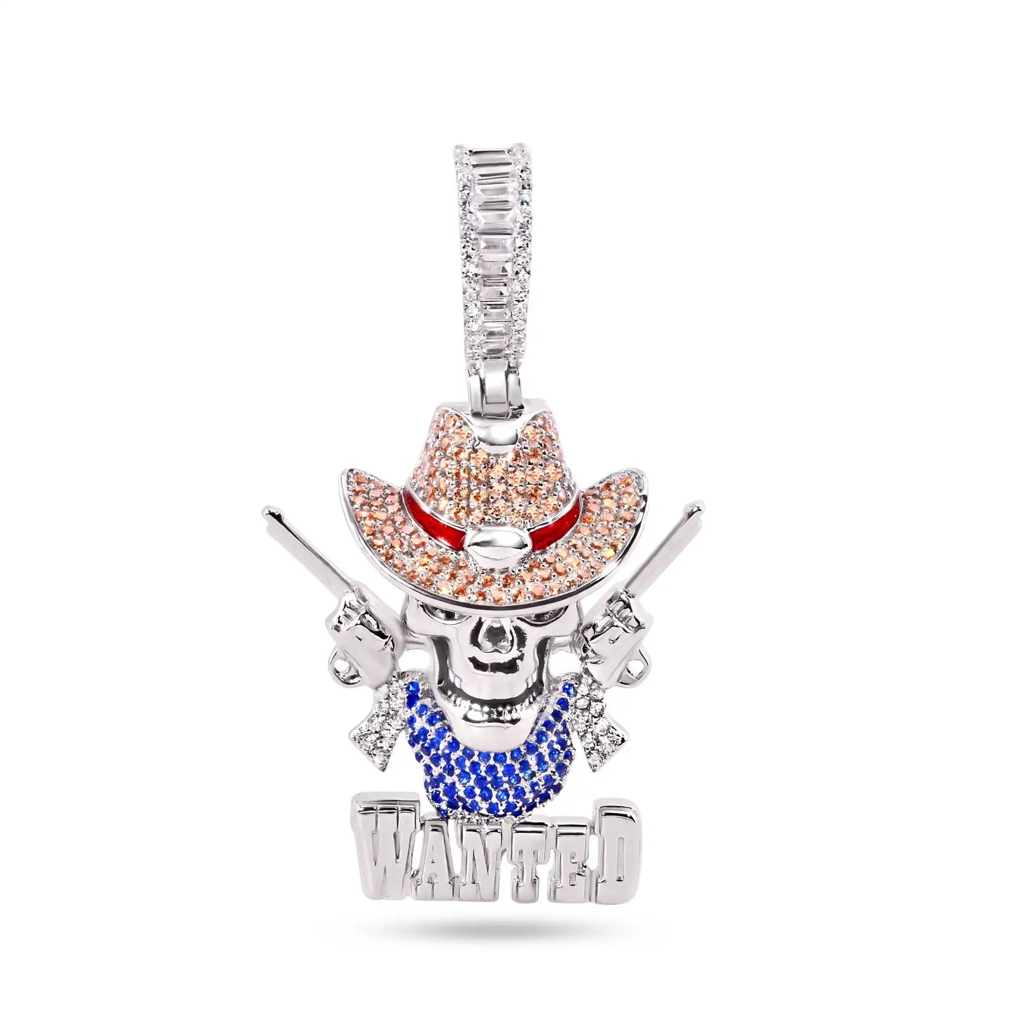 925 Sterling Silver Rhodium Plated Wild West Skull Guns Wanted Brown Clear Blue CZ Pendant