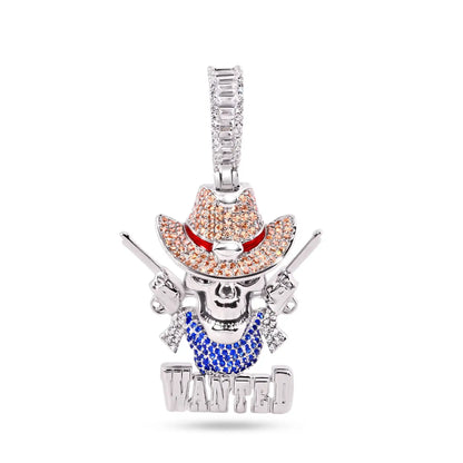 925 Sterling Silver Rhodium Plated Wild West Skull Guns Wanted Brown Clear Blue CZ Pendant