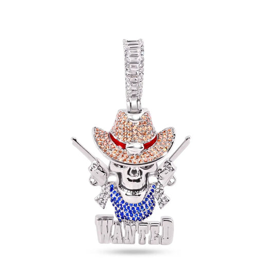 925 Sterling Silver Rhodium Plated Wild West Skull Guns Wanted Brown Clear Blue CZ Pendant