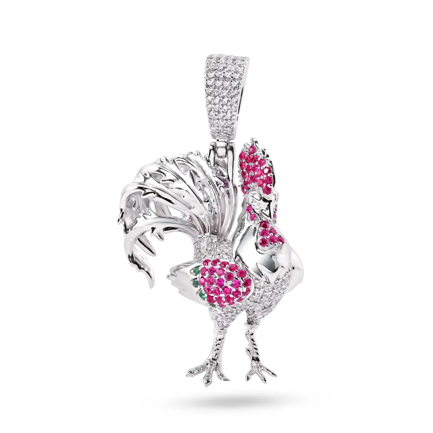 925 Sterling Silver Rhodium Plated Rooster Red Green and Clear CZ Pendant