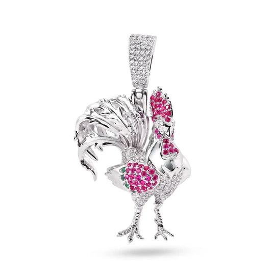 925 Sterling Silver Rhodium Plated Rooster Red Green and Clear CZ Pendant