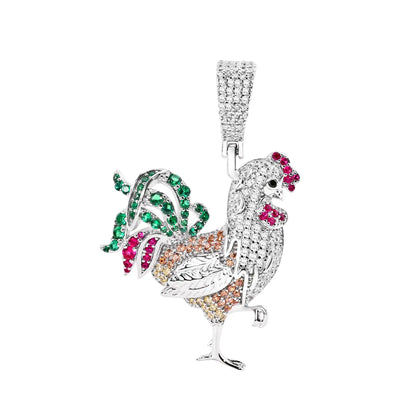 925 Sterling Silver Rhodium Plated Chicken Multicolor CZ Pendant