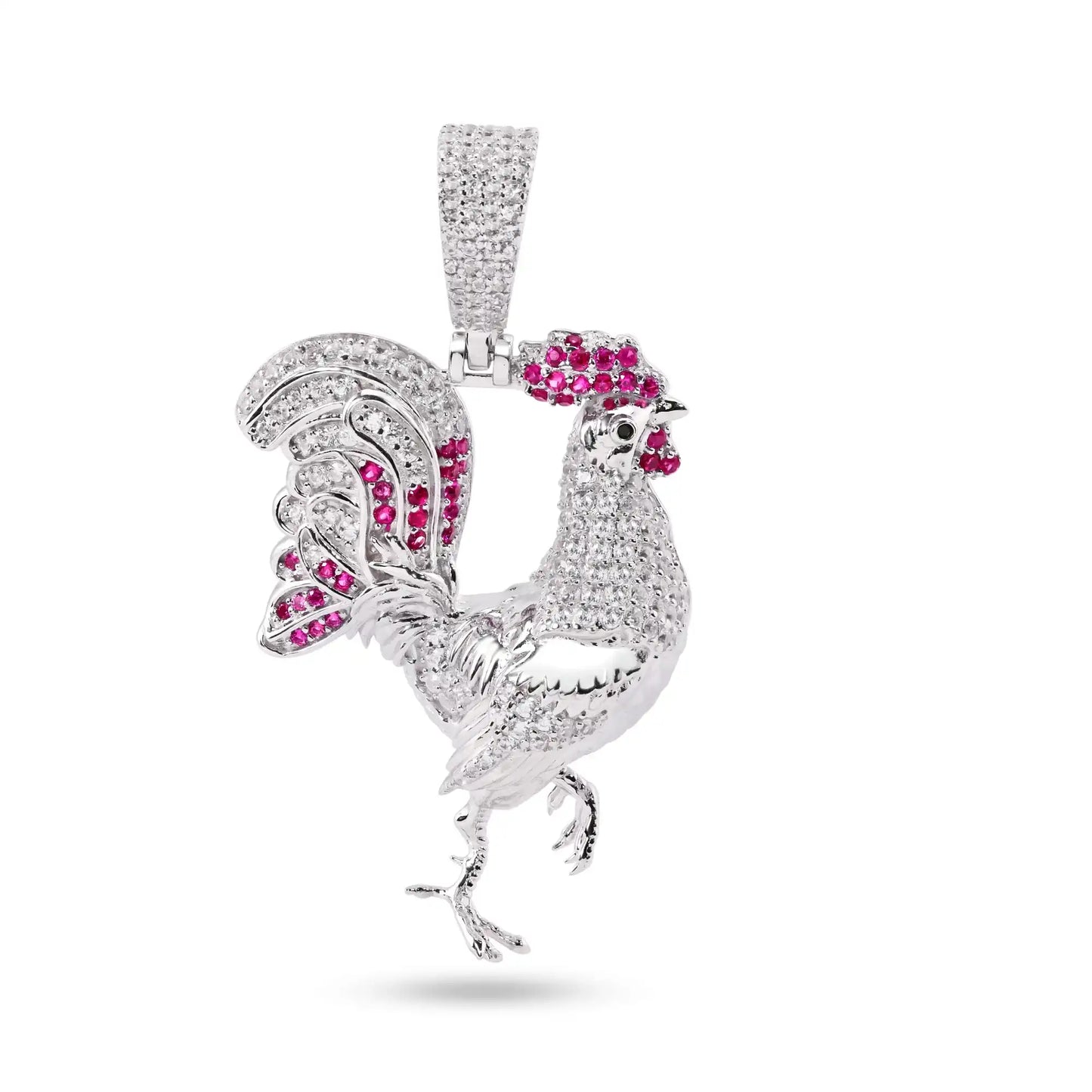 925 Sterling Silver Rhodium Plated Rooster Red and Clear CZ Pendant