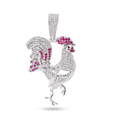 925 Sterling Silver Rhodium Plated Rooster Red and Clear CZ Pendant