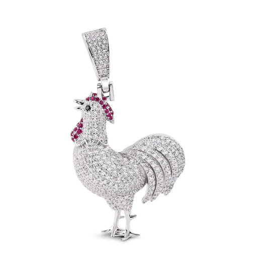 925 Sterling Silver Rhodium Plated Chicken Red and Clear CZ Pendant