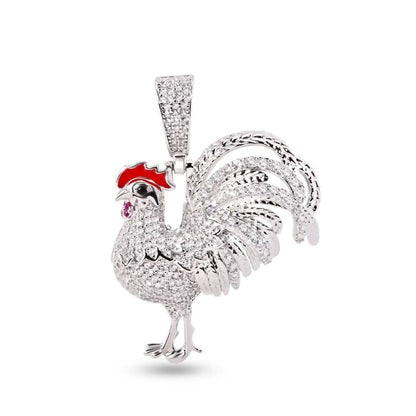 925 Sterling Silver Rhodium Plated Rooster Clear CZ Red Enamel Pendant