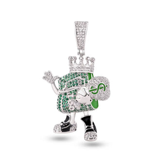 925 Sterling Silver Rhodium Plated Cash King Money Bag Clear and Green CZ Pendant