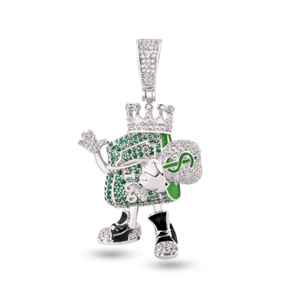 925 Sterling Silver Rhodium Plated Cash King Money Bag Clear and Green CZ Pendant