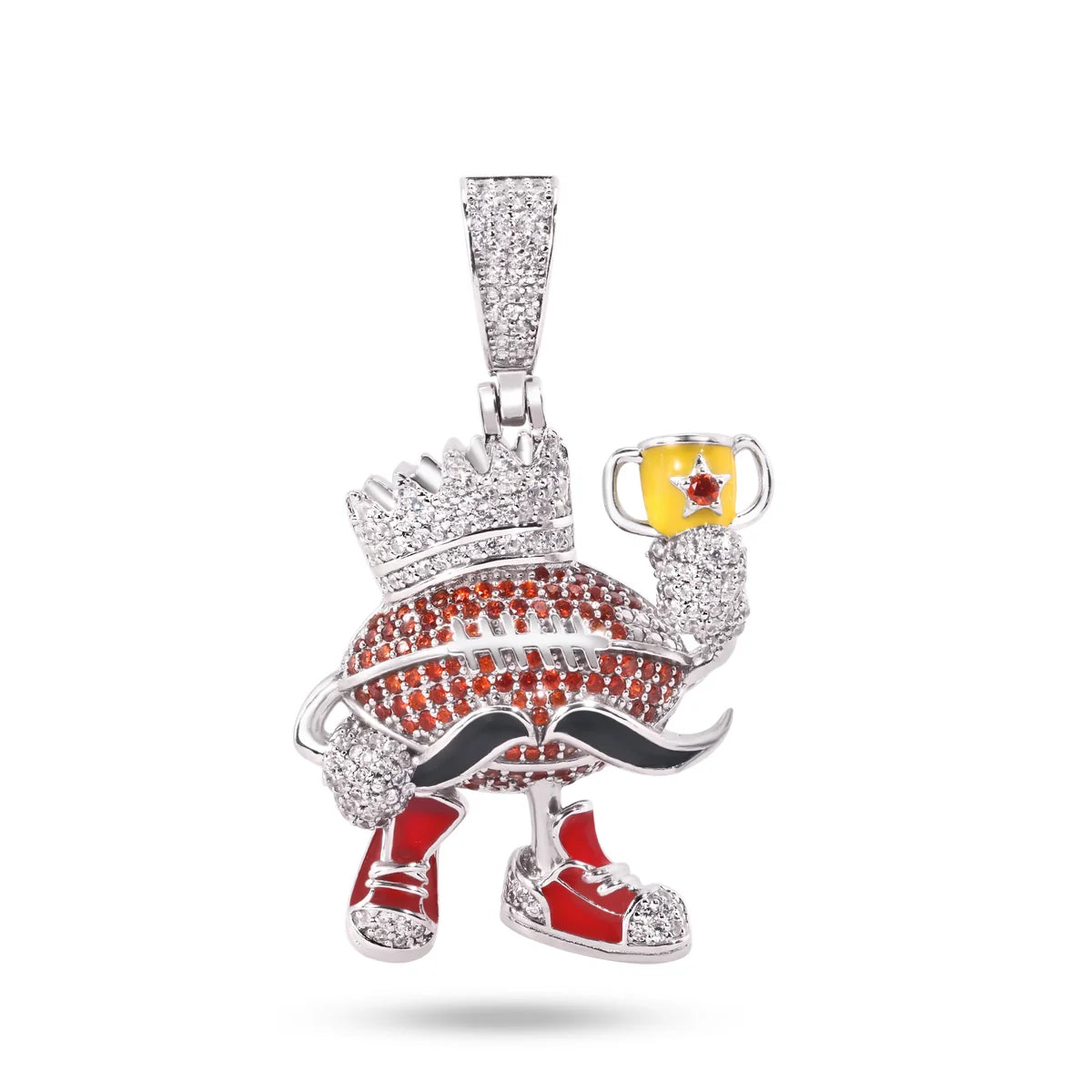 925 Sterling Silver Rhodium Plated Football Crown Mustache Clear and Orange CZ Red Black and Yellow Enamel Pendant
