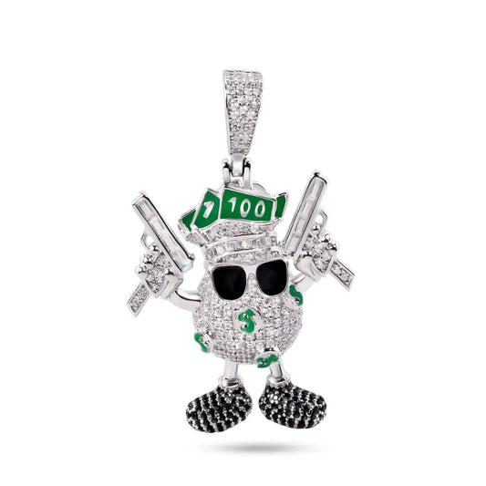 925 Sterling Silver Rhodium Plated Egg Dollar Bills Guns Clear and Black CZ and Green Enamel Pendant