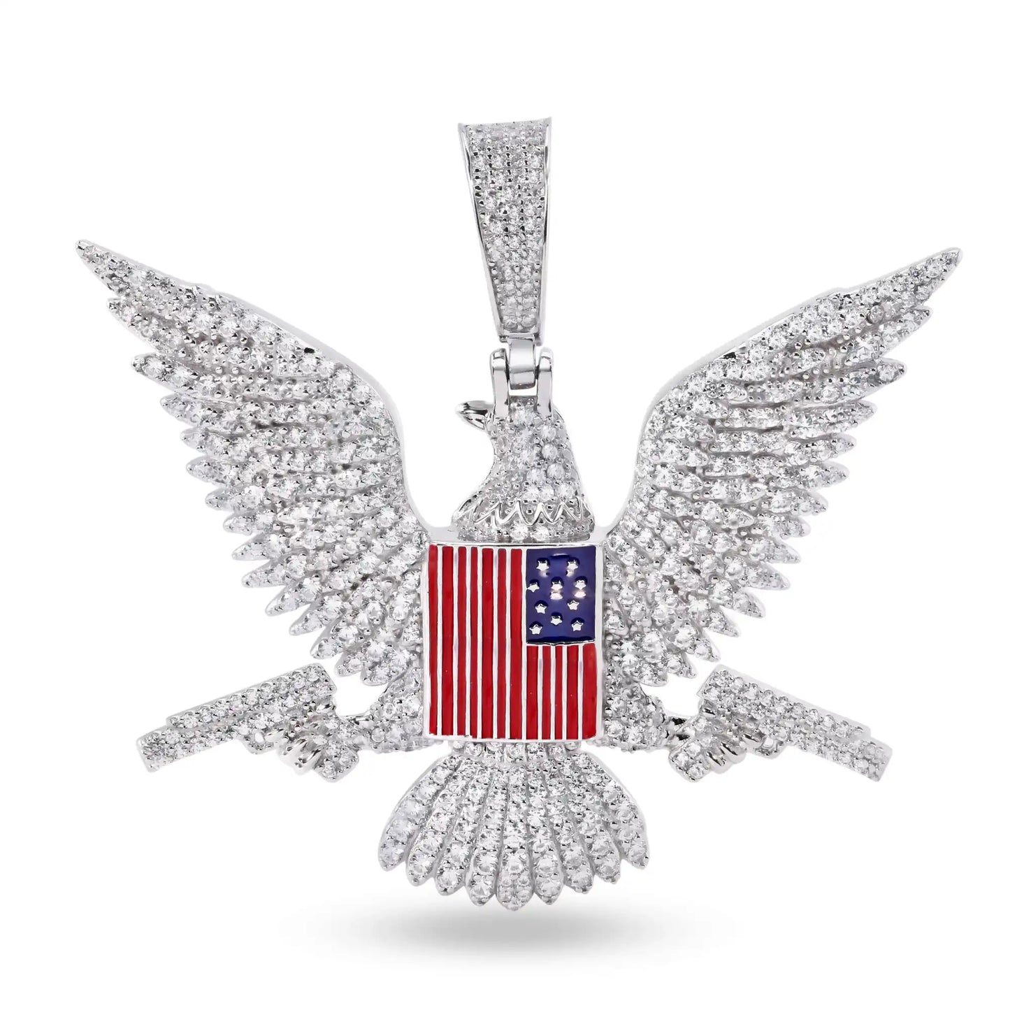 925 Sterling Silver Rhodium Plated American Eagle Flag Gun Clear CZ Pendant