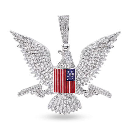 925 Sterling Silver Rhodium Plated American Eagle Flag Gun Clear CZ Pendant