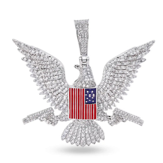925 Sterling Silver Rhodium Plated American Eagle Flag Gun Clear CZ Pendant