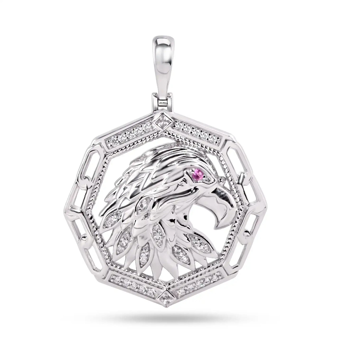 925 Sterling Silver Rhodium Plated Eagle Purple Eye and Clear CZ Pendant