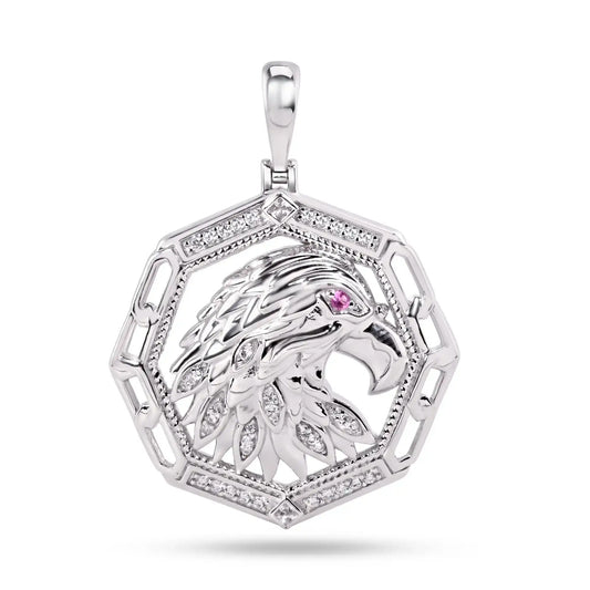 925 Sterling Silver Rhodium Plated Eagle Purple Eye and Clear CZ Pendant