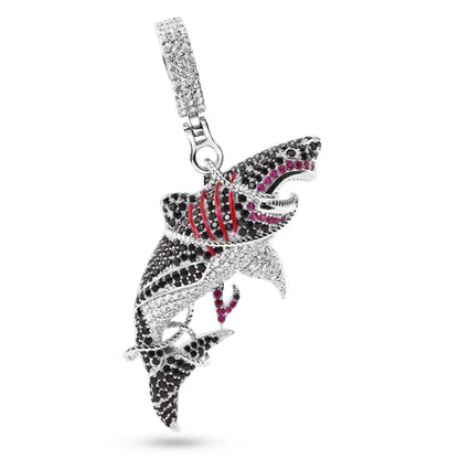 925 Sterling Silver Rhodium Plated Tangled Shark Black Red and Clear CZ Pendant