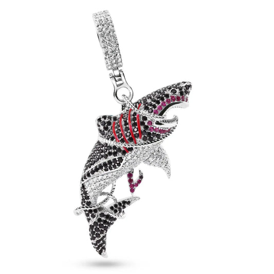 925 Sterling Silver Rhodium Plated Tangled Shark Black Red and Clear CZ Pendant