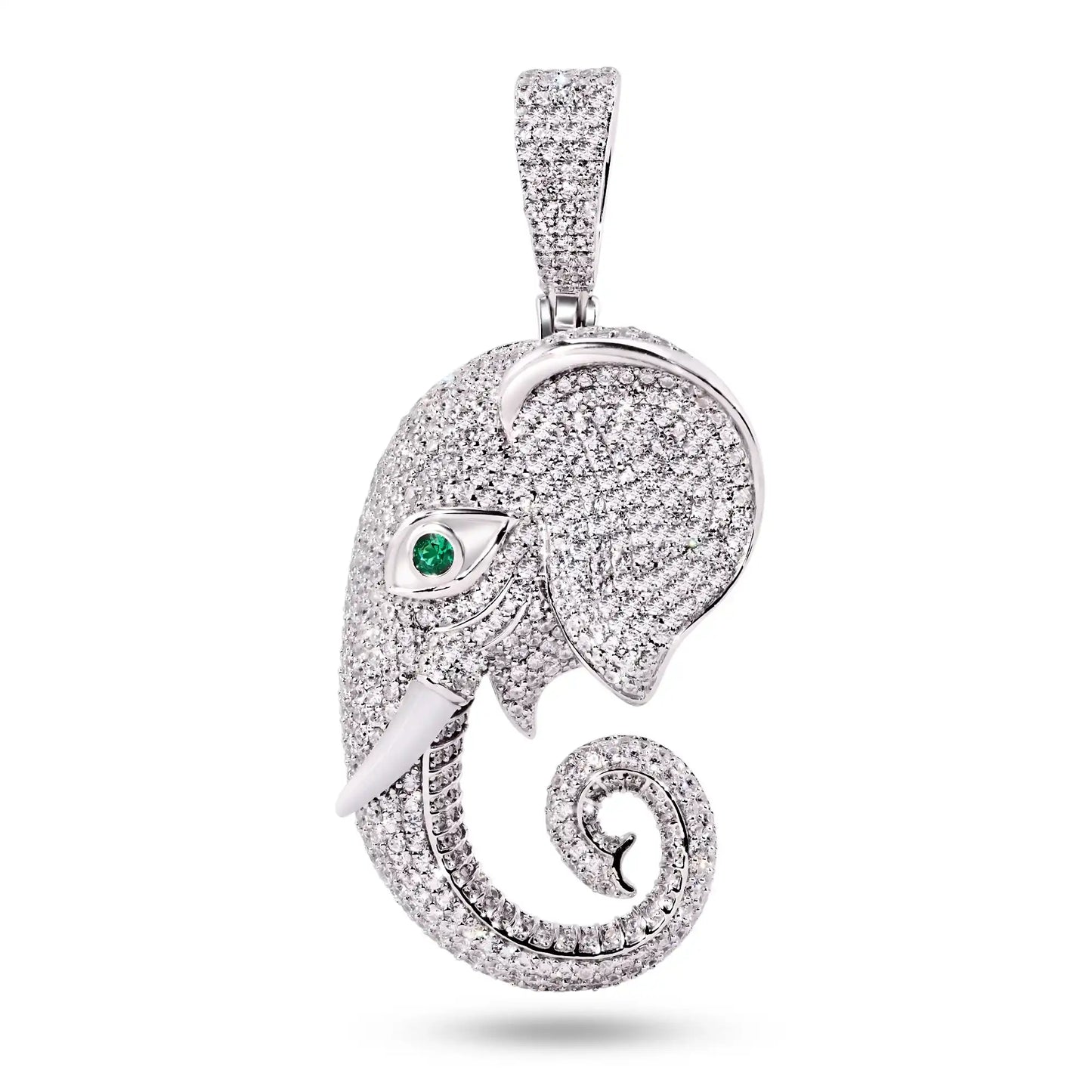 925 Sterling Silver Rhodium Plated Elephant Green Eye and Clear CZ Pendant