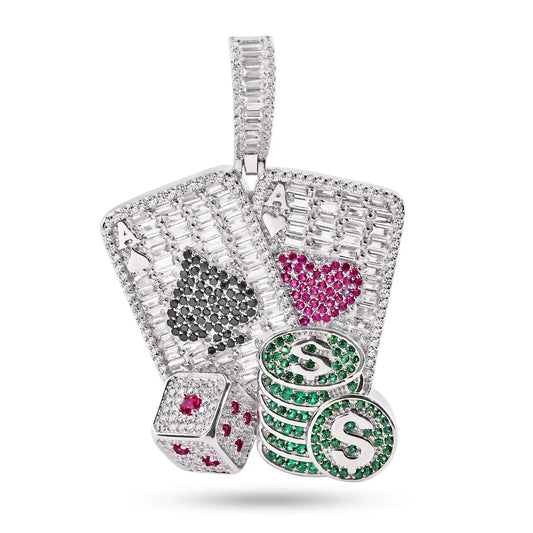 925 Sterling Silver Rhodium Plated Cards Dice and Chips Clear Baguette Green Red and Black CZ Pendant