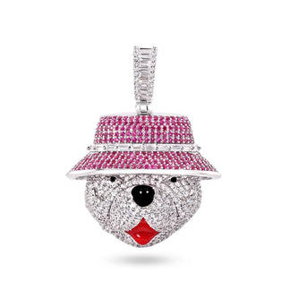 925 Sterling Silver Rhodium Plated Bear Hat Clear and Pink CZ Red Enamel Tounge Pendant