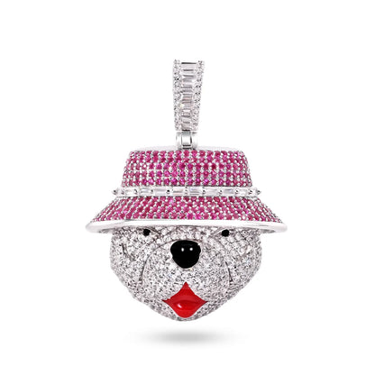925 Sterling Silver Rhodium Plated Bear Hat Clear and Pink CZ Red Enamel Tounge Pendant