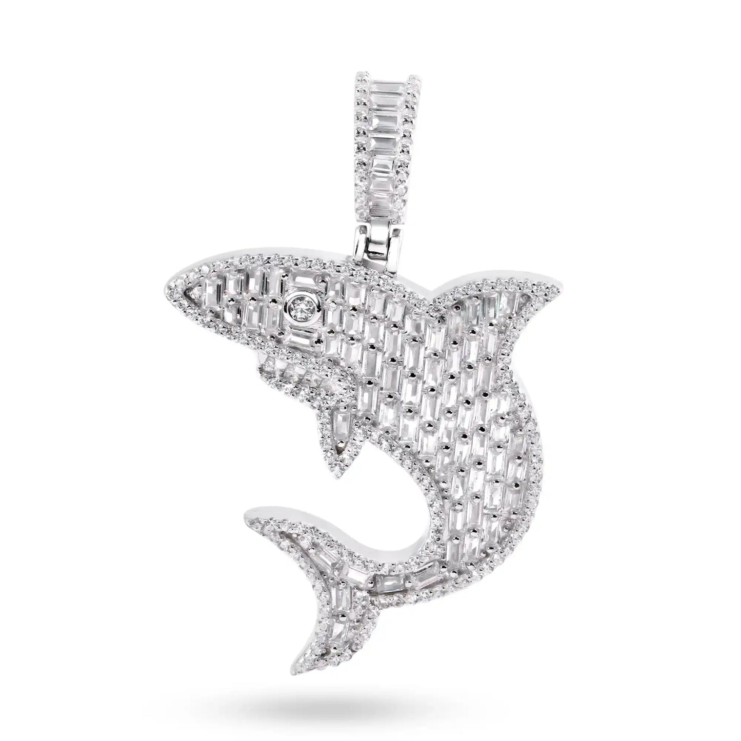 925 Sterling Silver Rhodium Plated Shark Baguette Clear CZ Pendant
