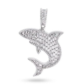 925 Sterling Silver Rhodium Plated Shark Baguette Clear CZ Pendant
