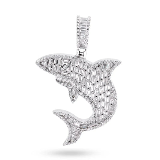 925 Sterling Silver Rhodium Plated Shark Baguette Clear CZ Pendant