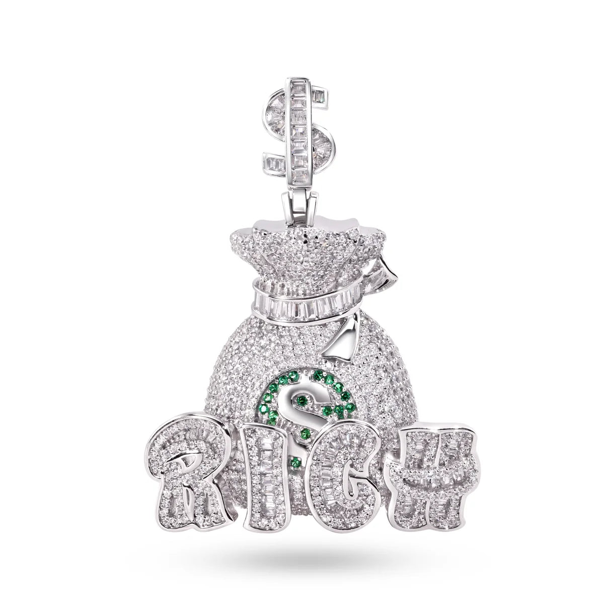 925 Sterling Silver Rhodium Plated Money Bag Rich Clear and Green CZ Dollar Sign Vale Pendant