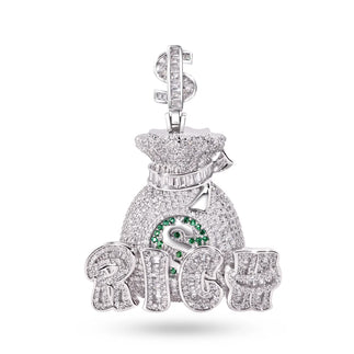 925 Sterling Silver Rhodium Plated Money Bag Rich Clear and Green CZ Dollar Sign Vale Pendant