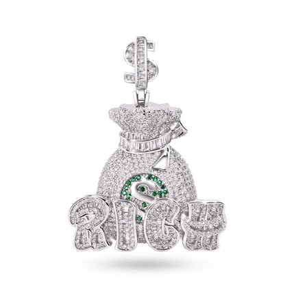 925 Sterling Silver Rhodium Plated Money Bag Rich Clear and Green CZ Dollar Sign Vale Pendant