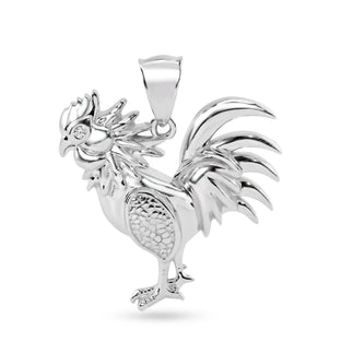 925 Sterling Silver Rhodium Plated Rooster Clear CZ Eye Pendant