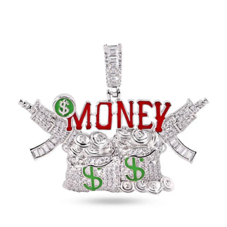925 Sterling Silver Rhodium Plated Money Bag Guns Clear CZ Red and Green Enamel Pendant