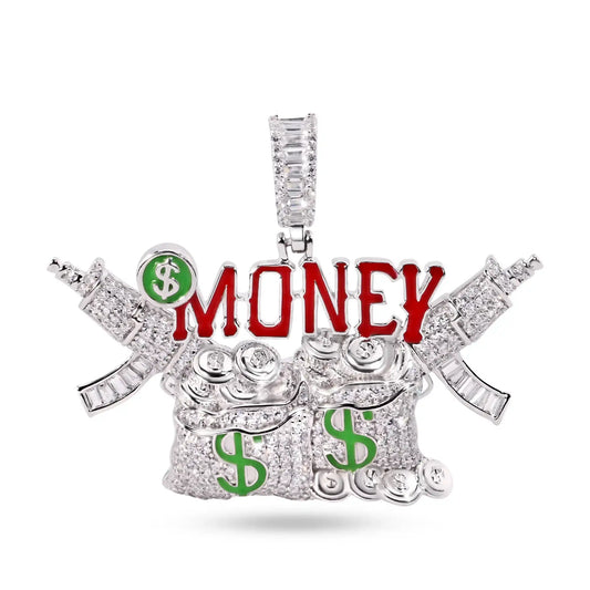 925 Sterling Silver Rhodium Plated Money Bag Guns Clear CZ Red and Green Enamel Pendant