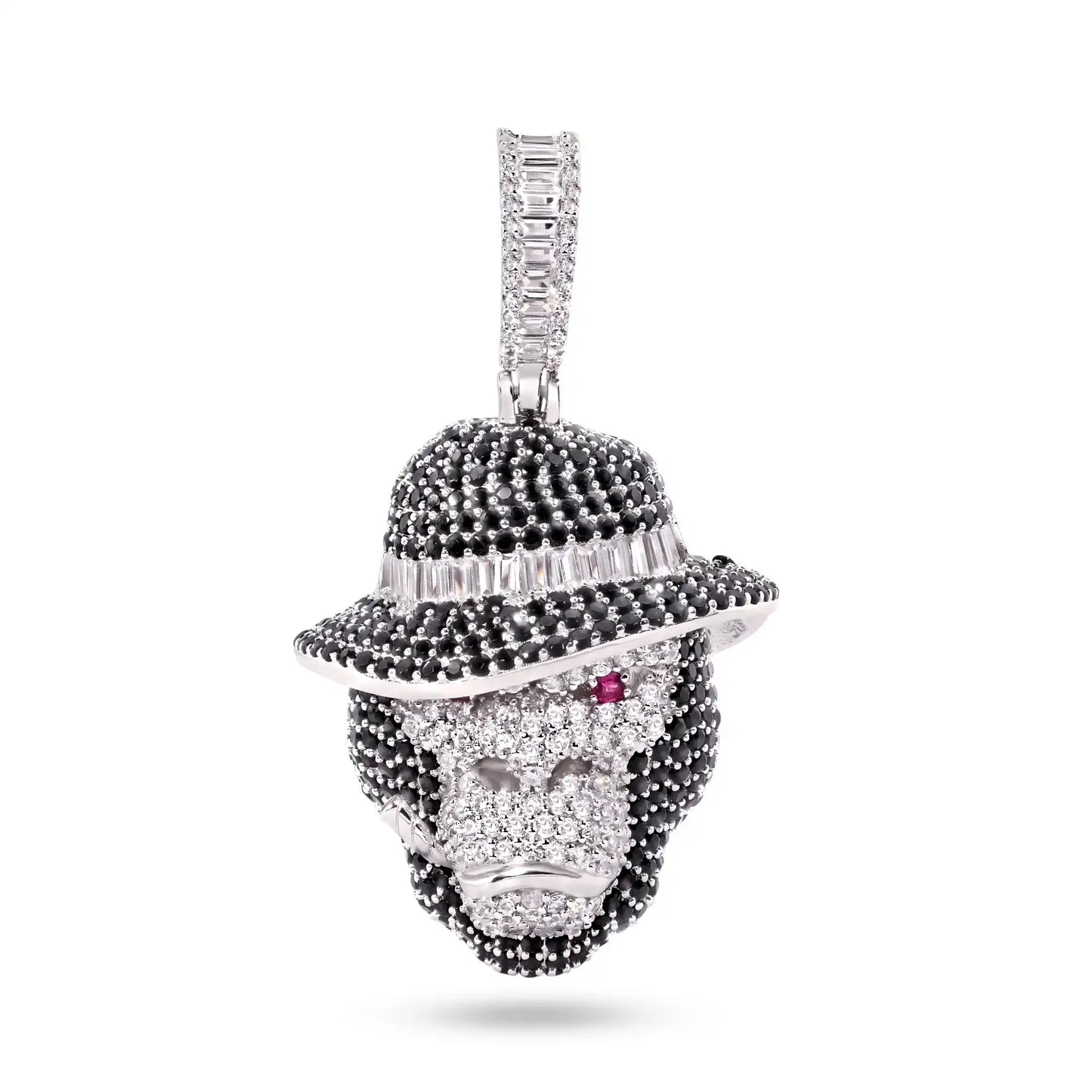 925 Sterling Silver Rhodium Plated Smoking Ape Monkey Hat Clear Red and Black CZ Pendant