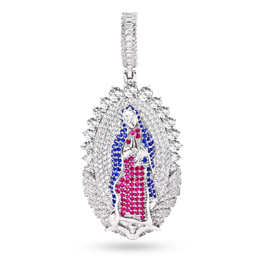 925 Sterling Silver Rhodium Plated Our Lady of Guadalupe Clear Red and Blue CZ Pendant
