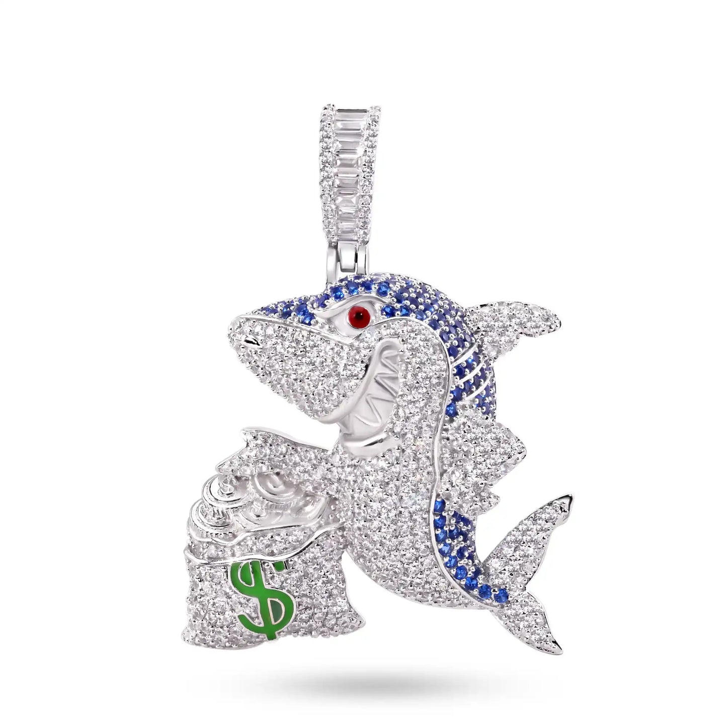 925 Sterling Silver Rhodium Plated Money Bag Shark Greed Clear and Blue CZ Pendant