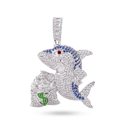 925 Sterling Silver Rhodium Plated Money Bag Shark Greed Clear and Blue CZ Pendant