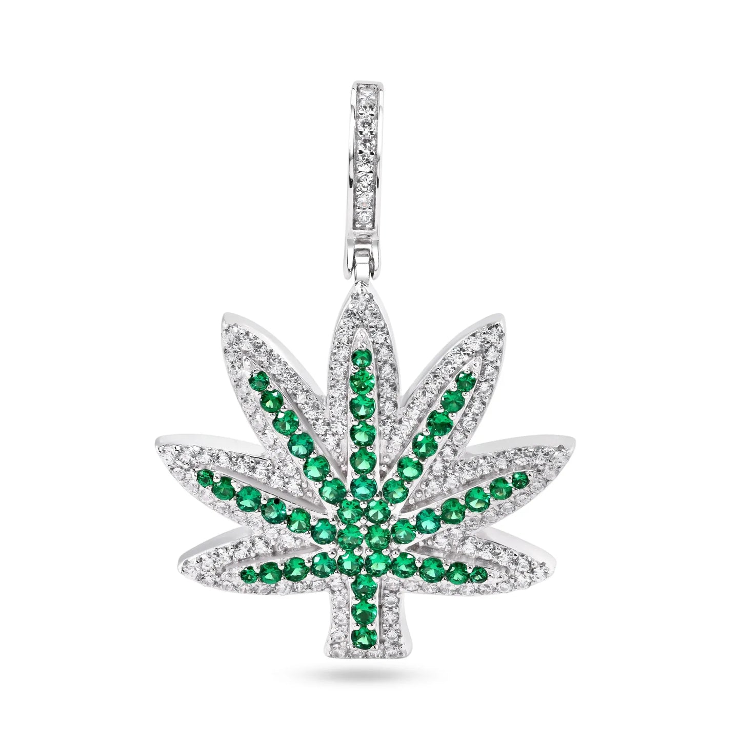 925 Sterling Silver Rhodium Plated Marijuana Cannabis Green and Clear CZ Pendant