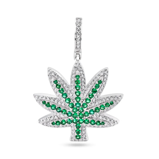 925 Sterling Silver Rhodium Plated Marijuana Cannabis Green and Clear CZ Pendant
