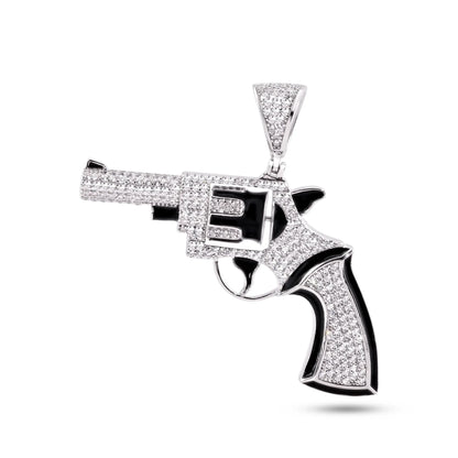 925 Sterling Silver Rhodium Plated Spinning Revolver Gun Clear CZ Black Enamel Pendant